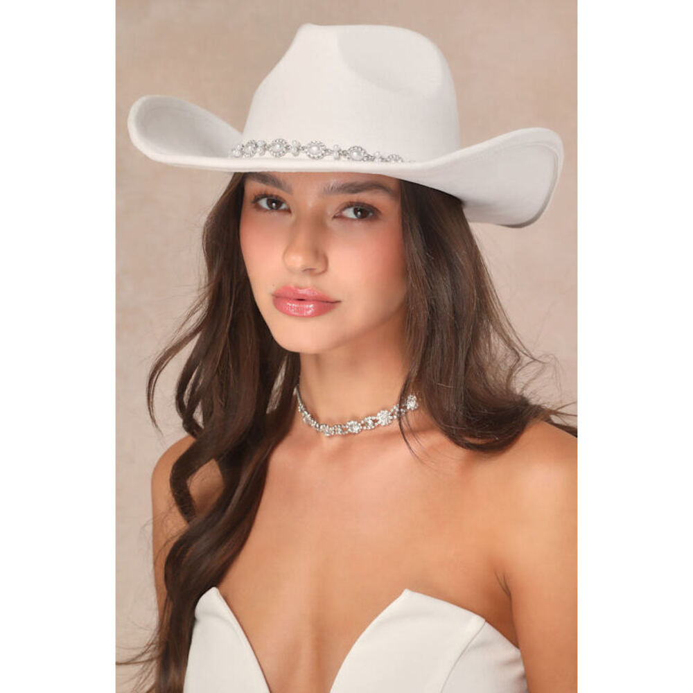 Lulus Raisa Ivory Rhinestone Pearl Western Hat White - Size One Size